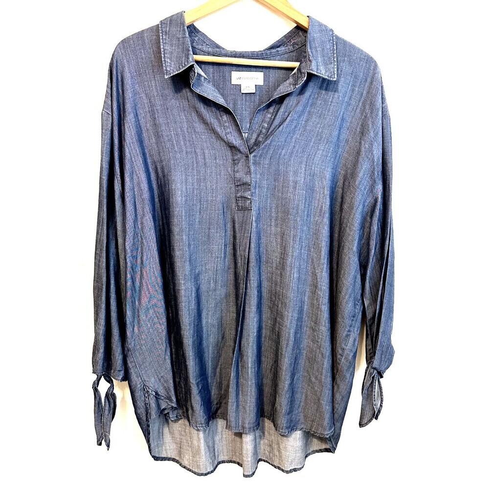 Liz Claiborne Womans Chambray Long Lined Top Size‎ 2X Collared Sleeve Tie Boho